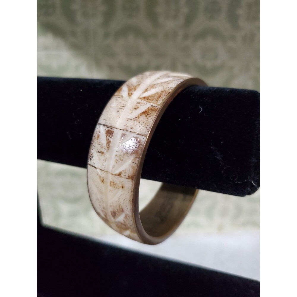 Vintage Brass Bone Inlay Bangle Bracelet India Nepal Artisan Tribal Boho Jewelry
